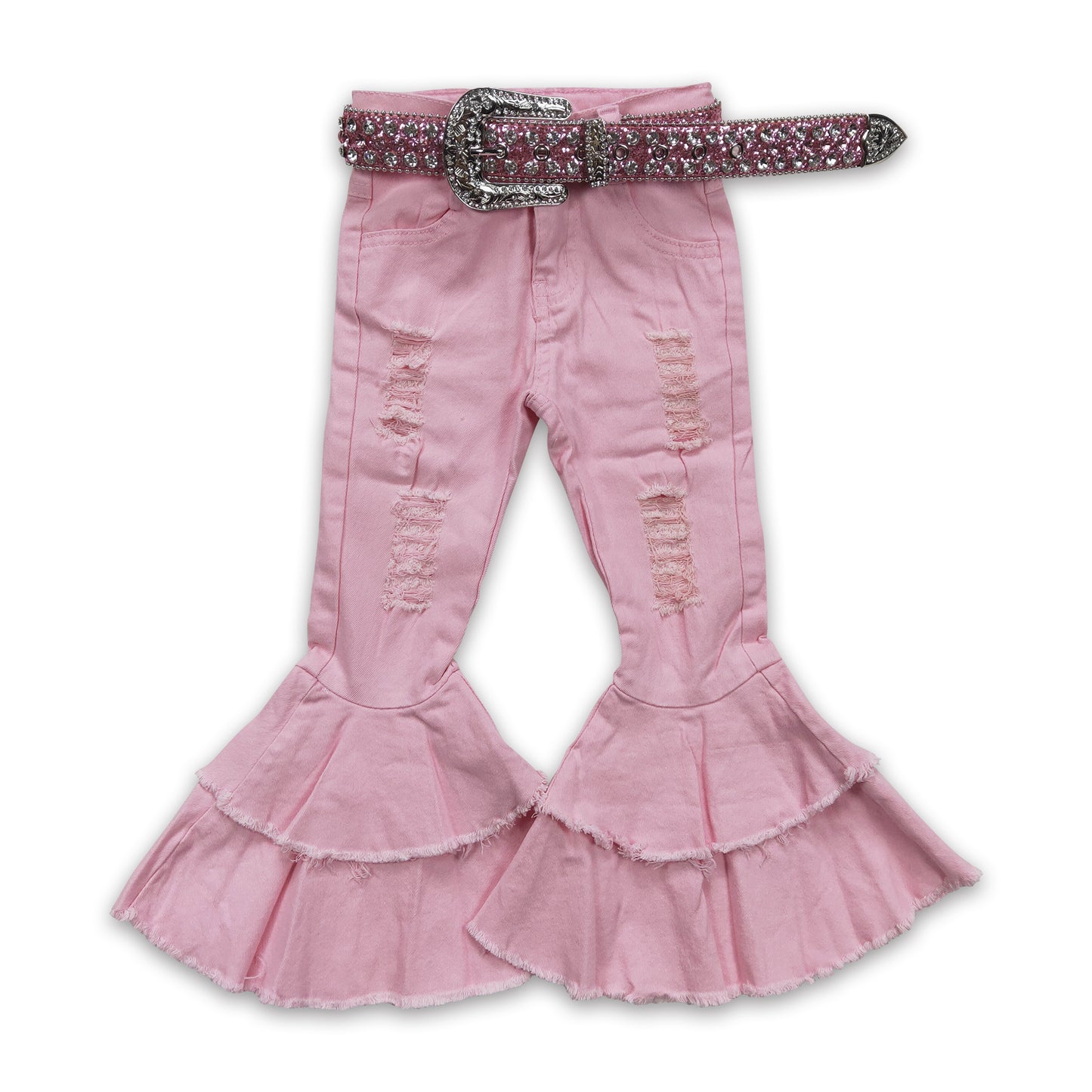 Pink denim pants distressed baby girls jeans match belt