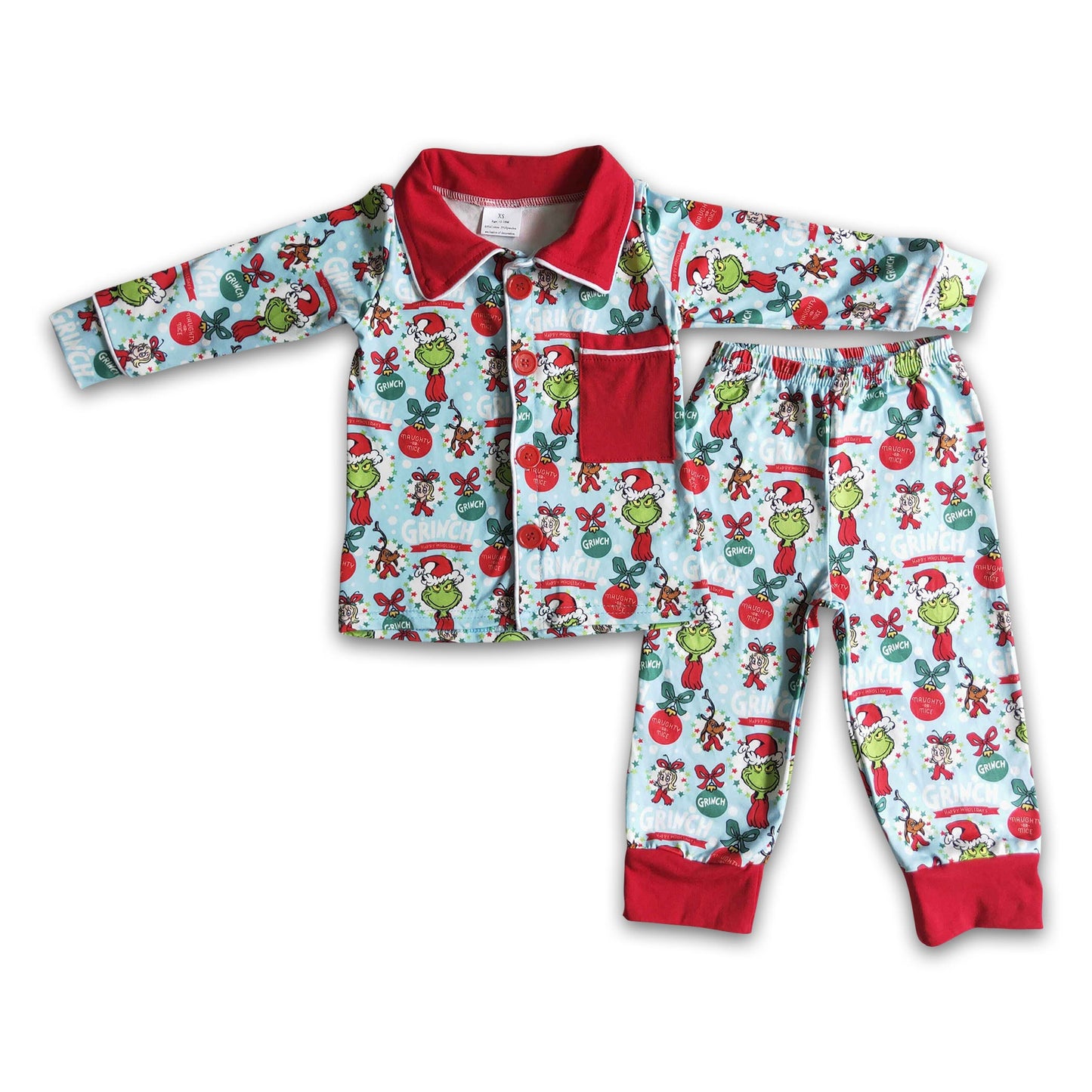 Blue green face print pocket boy Christmas pajamas