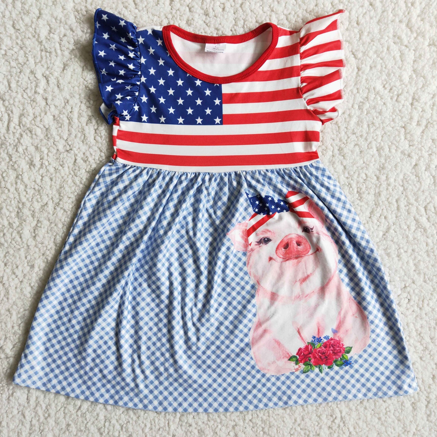 Girl Pig Stars Striped 4th of july Dress