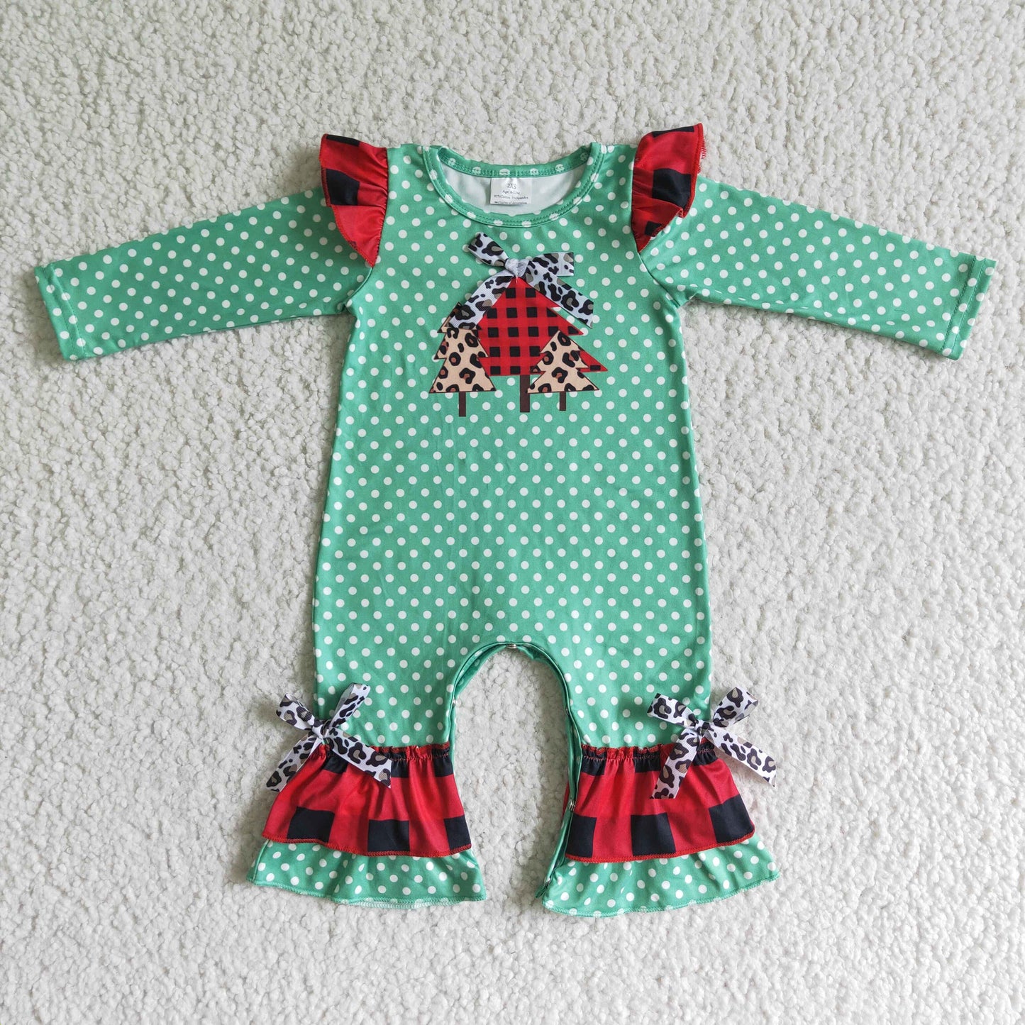 Green polka dots Christmas tree baby girls romper