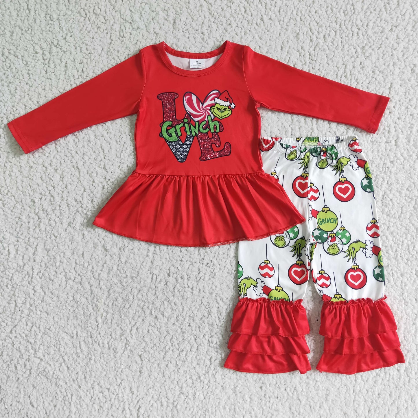 LOVE green face print red shirt pants Christmas outfits