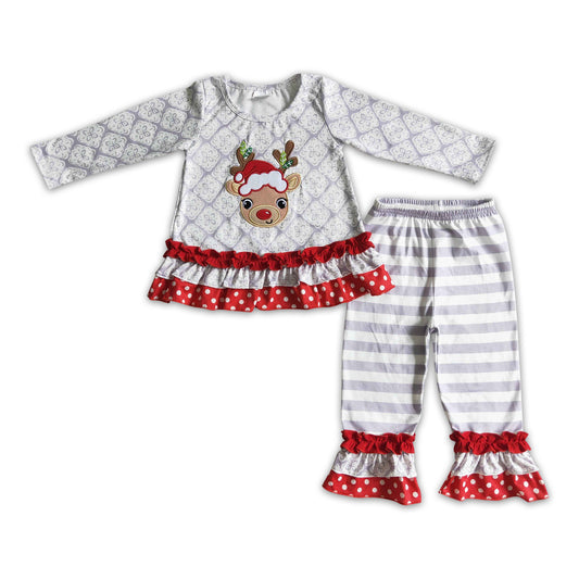 Reindeer embroidery ruffle pants girl Christmas outfits