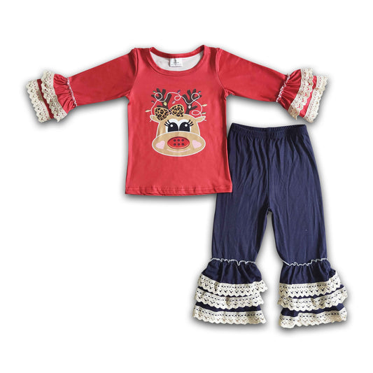 Knit cotton denim pants girls Christmas clothing sets