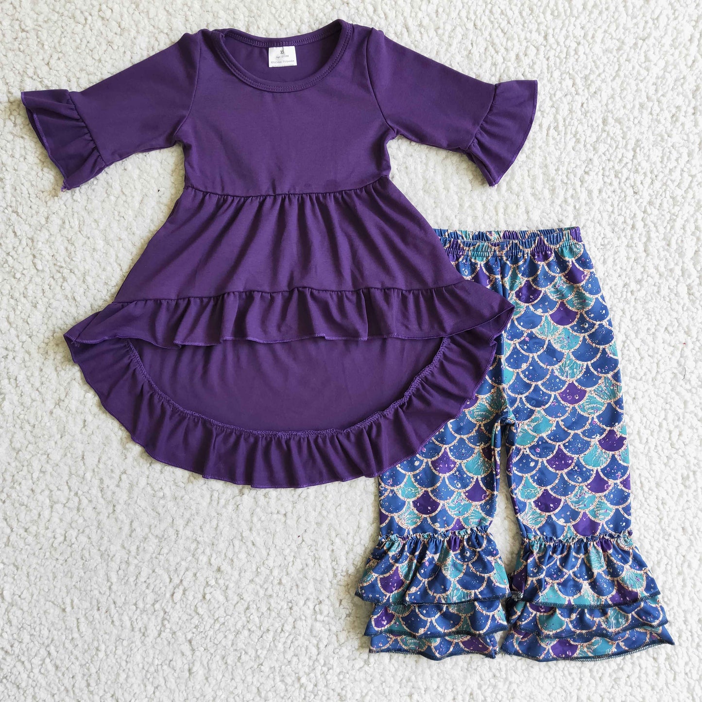 Purple high-low tunic mermaid scale pants girls clothing set