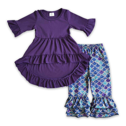 Purple high-low tunic mermaid scale pants girls clothing set