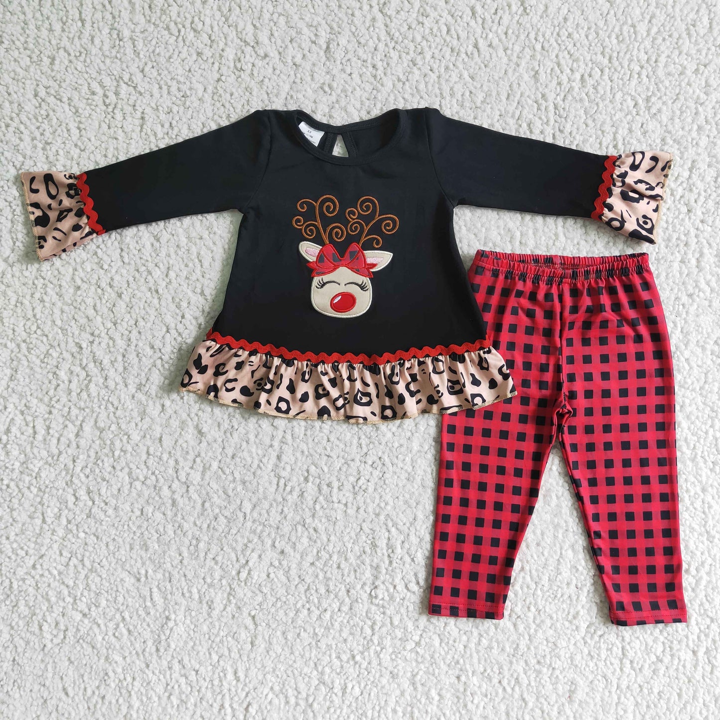 Reindeer embroidery tunic leggings Christmas kids clothing