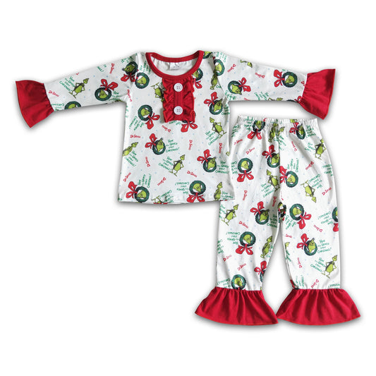 Girls long sleeve green face print Christmas pajamas