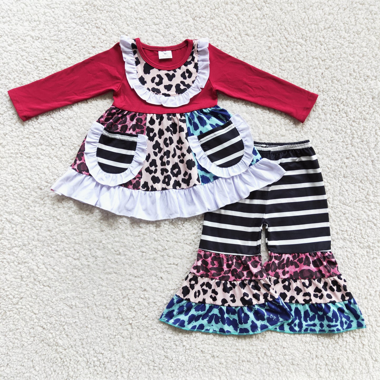 Maroon leopard pocket patchwork baby girls clothing