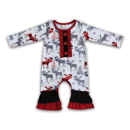 Reindeer print long sleeve baby girl romper