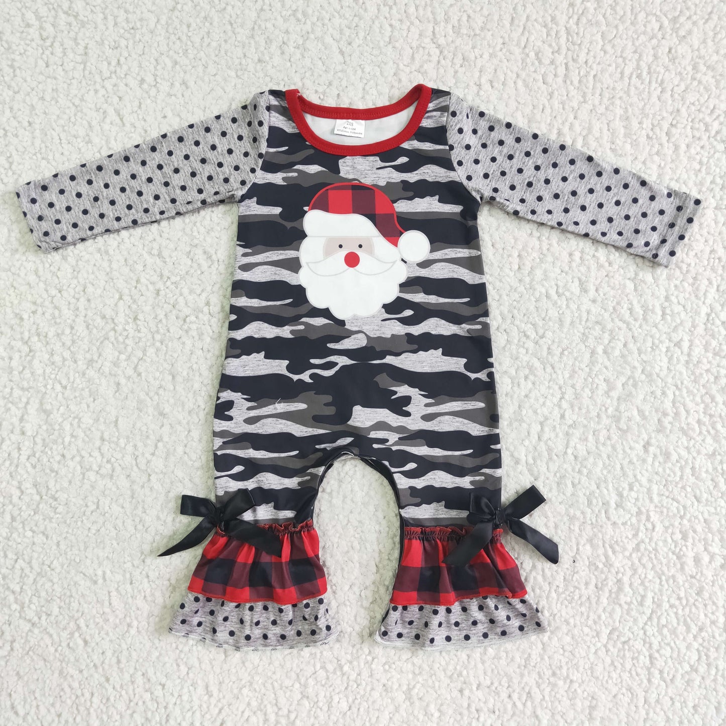 Santa print camo print ruffle baby girl romper