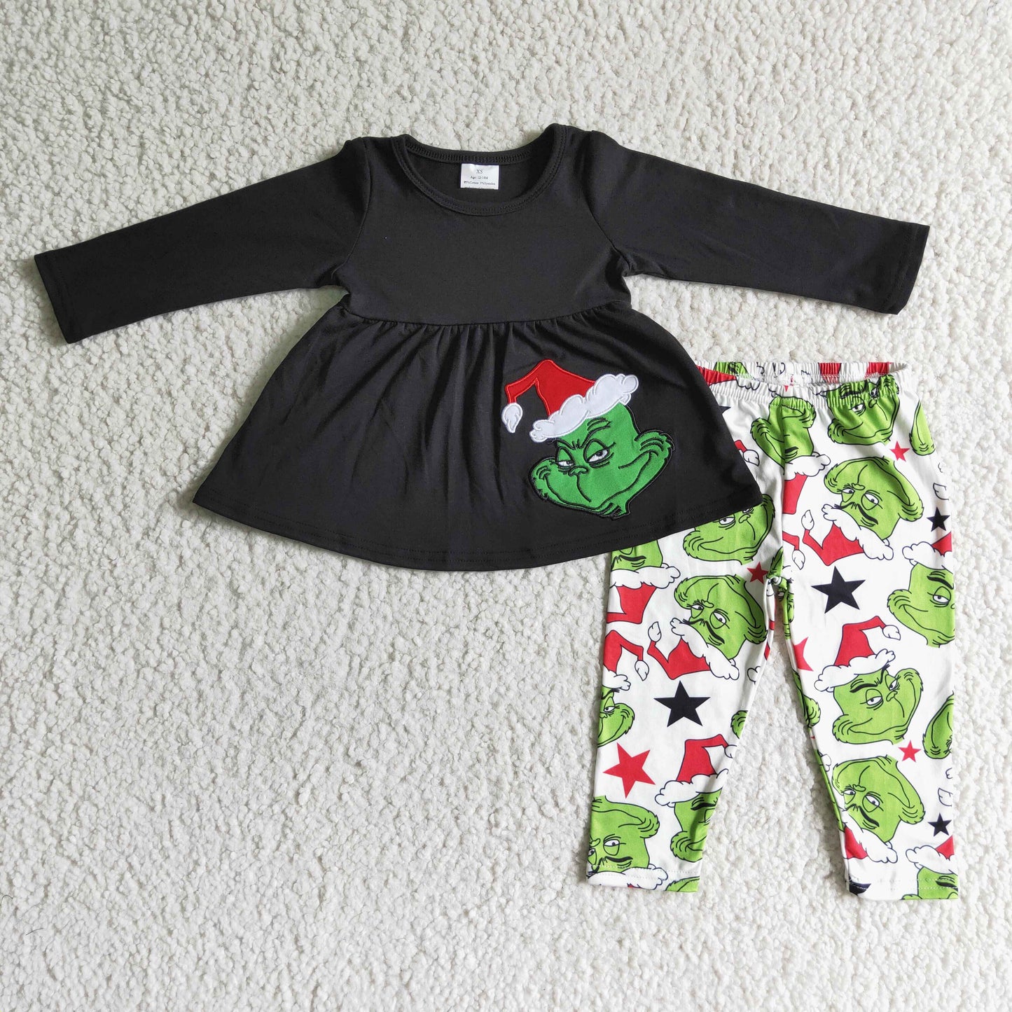 Black cotton green face applique tunic leggings Christmas outfits