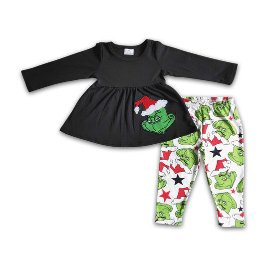 Black cotton green face applique tunic leggings Christmas outfits