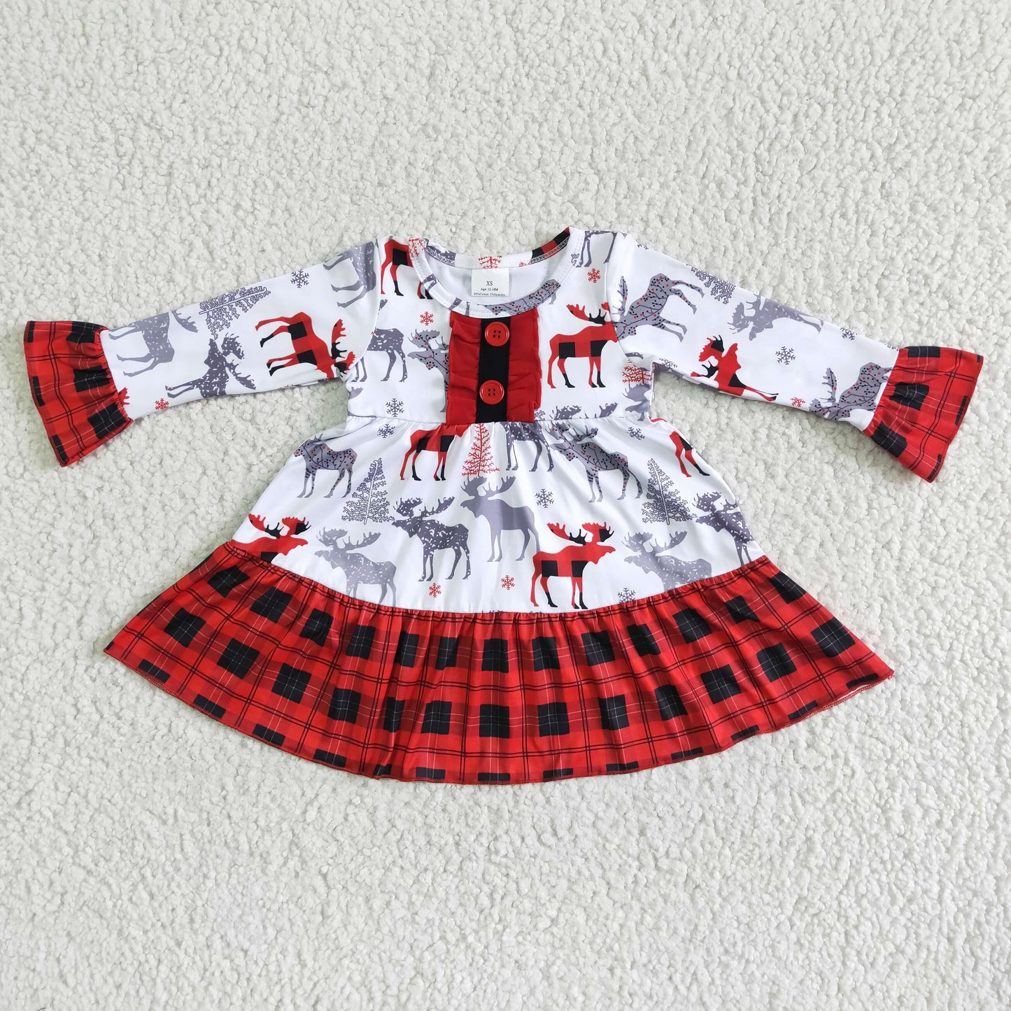 Deer print long sleeve girls Christmas dresses