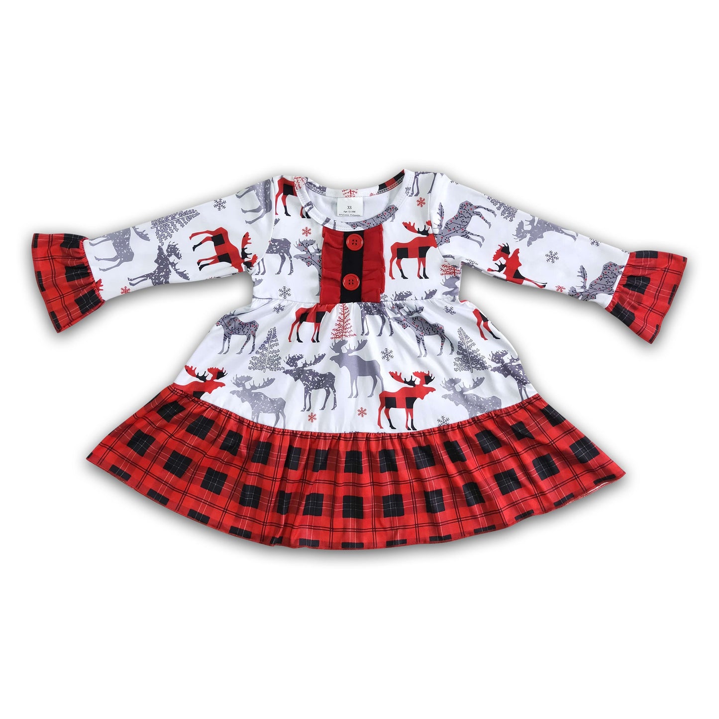 Deer print long sleeve girls Christmas dresses