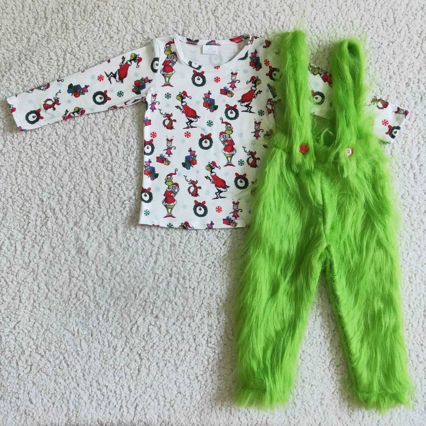 Green face faux fur pants match long sleeve shirt boy Christmas outfits