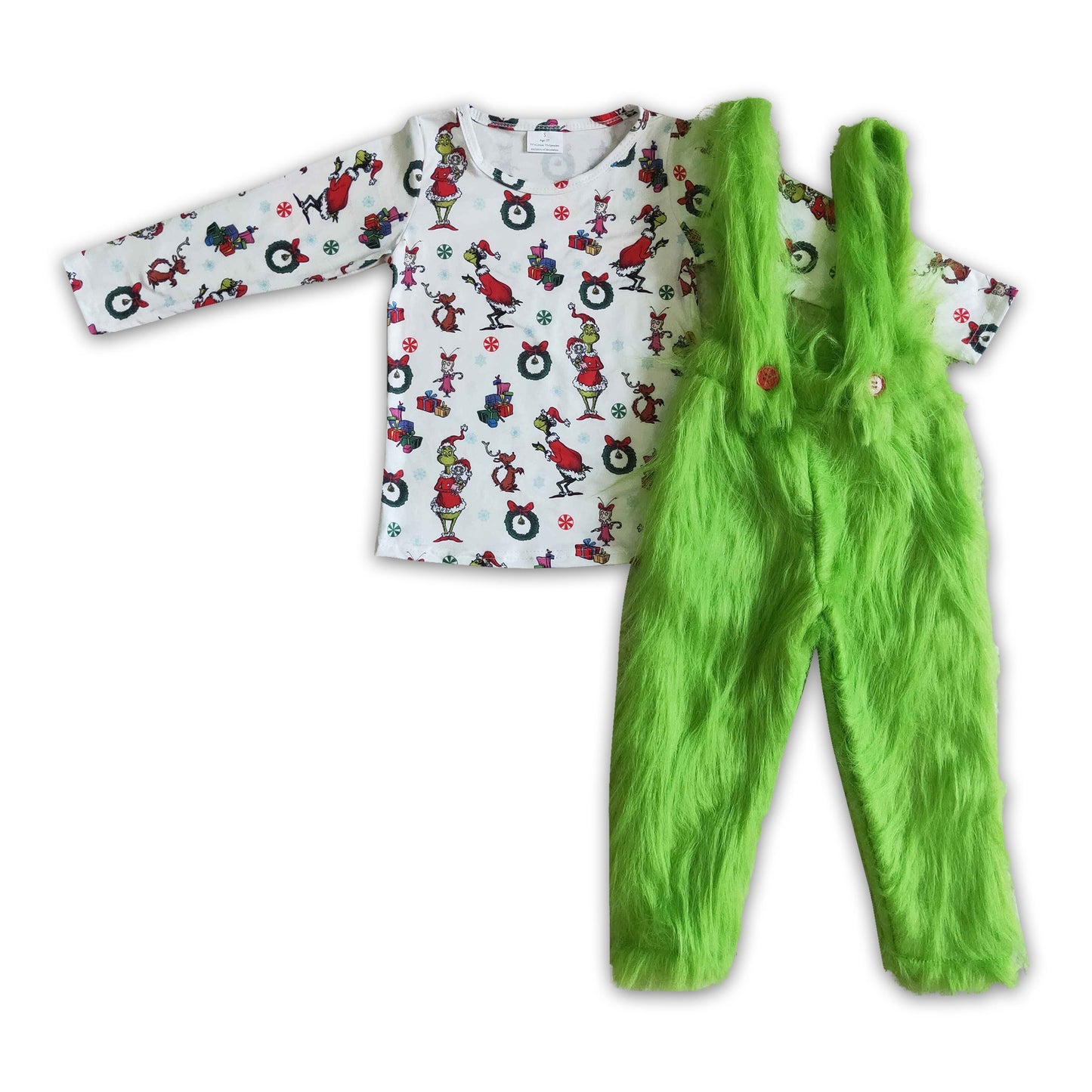 Green face faux fur pants match long sleeve shirt boy Christmas outfits