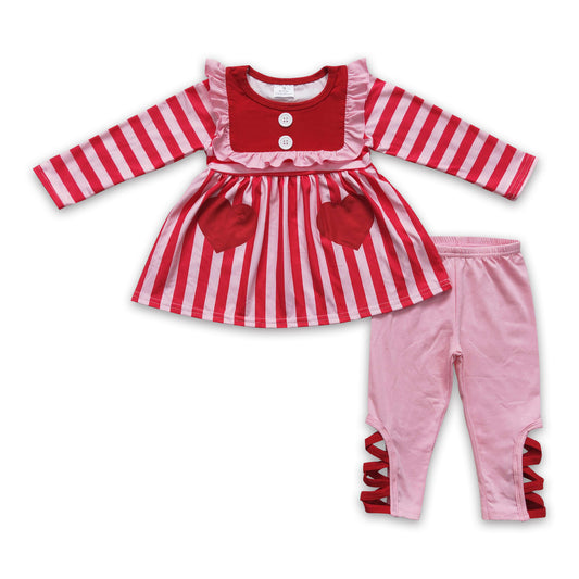 Pink heart print stripe girls Valentine's day set