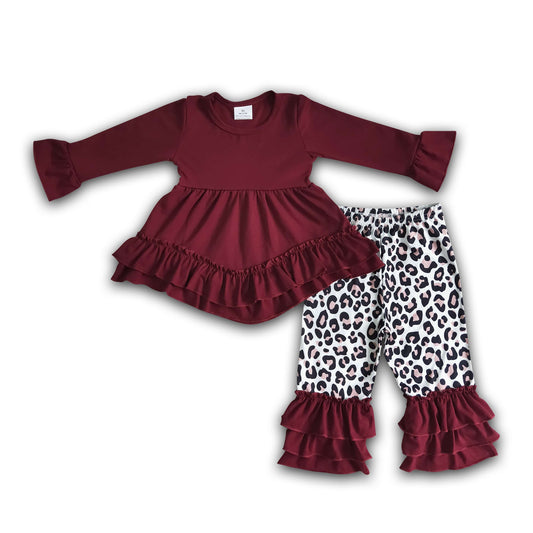 Maroon cotton tunic leopard ruffle pants girls fall winter clothing