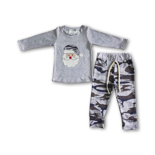 Santa screen print camo pants boy Christmas outfits