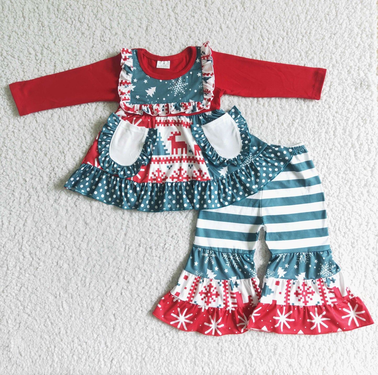 Pockets patchwork girls Christmas outfits