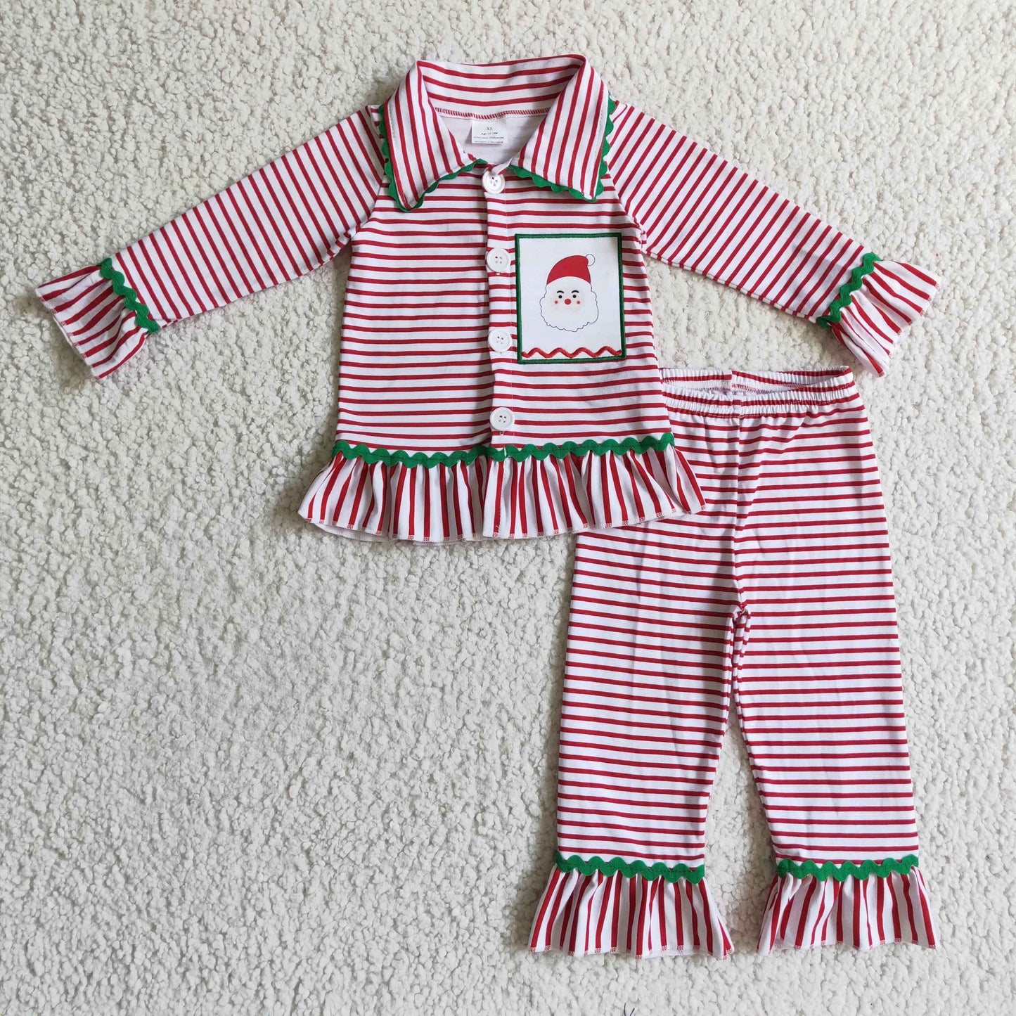 Santa embroidery cotton stripe girls Christmas pjs