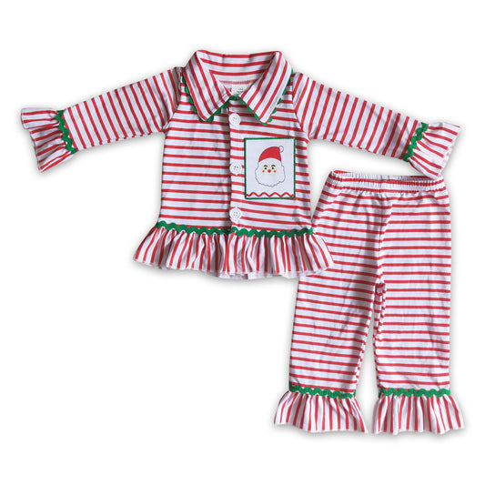 Santa embroidery cotton stripe girls Christmas pjs