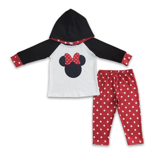 Polka dots cute mouse print black hoodie set