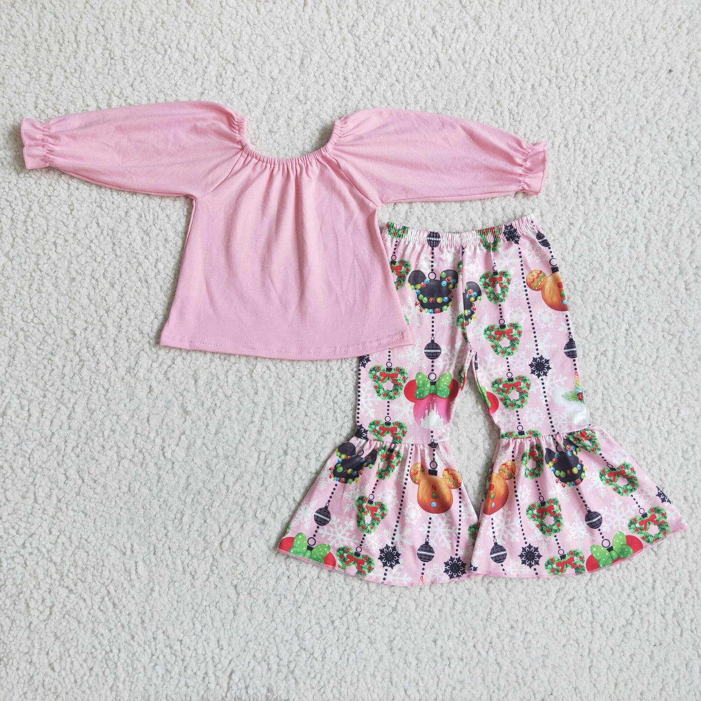 Pink cotton top bell bottom pants girls Christmas clothing