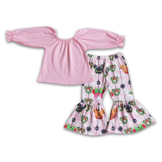 Pink cotton top bell bottom pants girls Christmas clothing