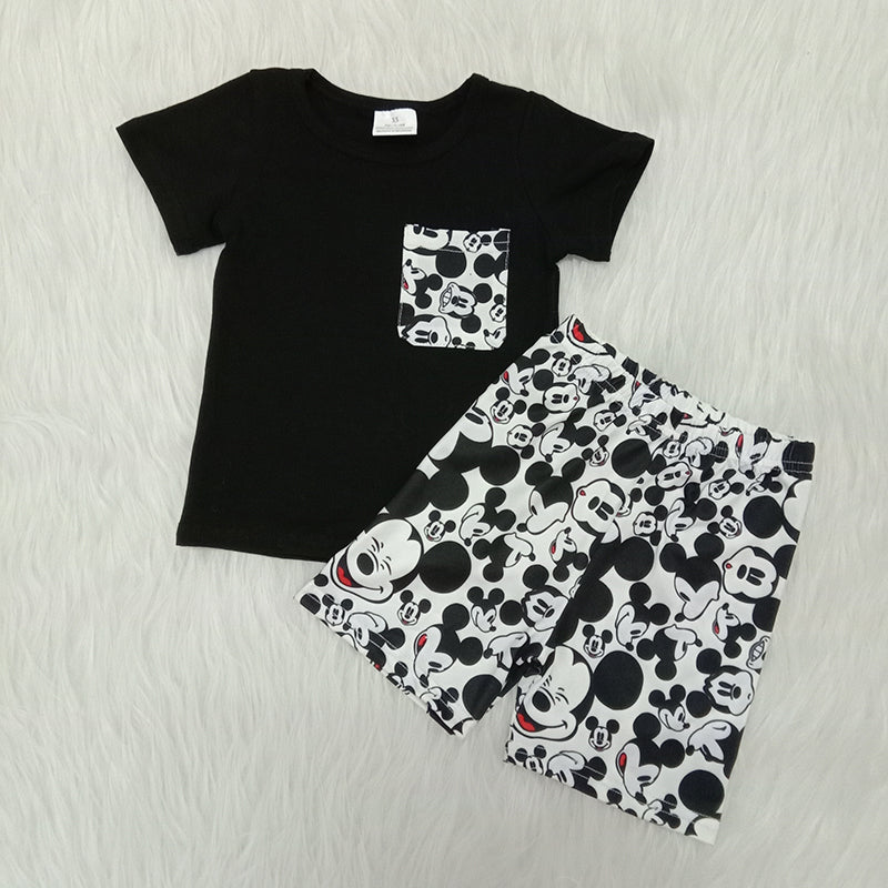 Pocket black cotton shirt mouse shorts boy set