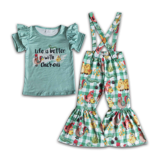 Life is better with chickens shirt overalls cute girls clothing set