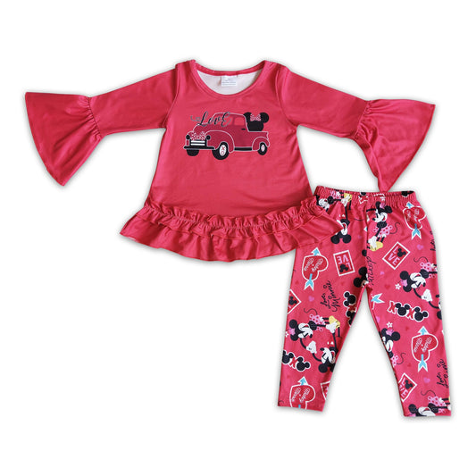 Love truck mouse shirt cute print pants baby girls valentine's clothing set