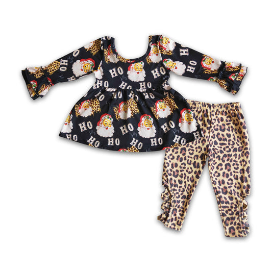 Ho ho ho santa tunic leopard criss cross leggings girls Christmas set