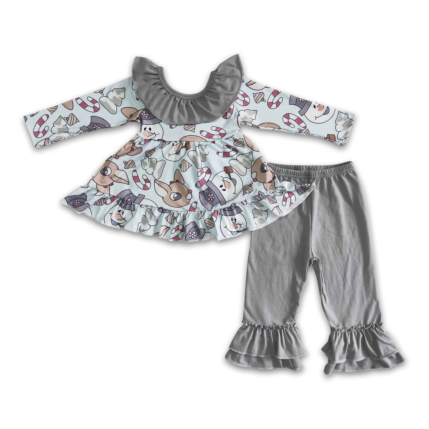 Reindeer print backless tunic ruffle pants girls Christmas clothes