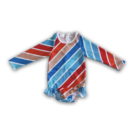 Blue red kahki white stripe long sleeve baby girls swimsuit