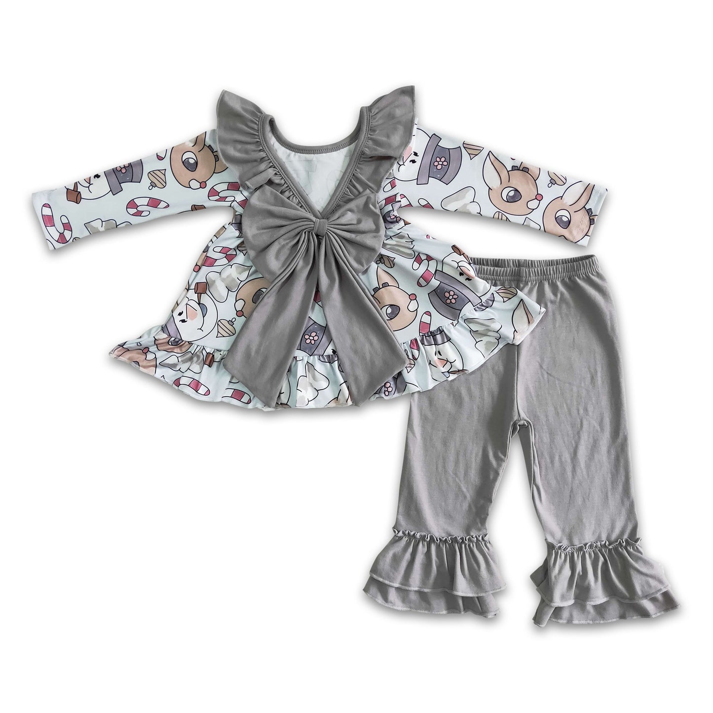Reindeer print backless tunic ruffle pants girls Christmas clothes