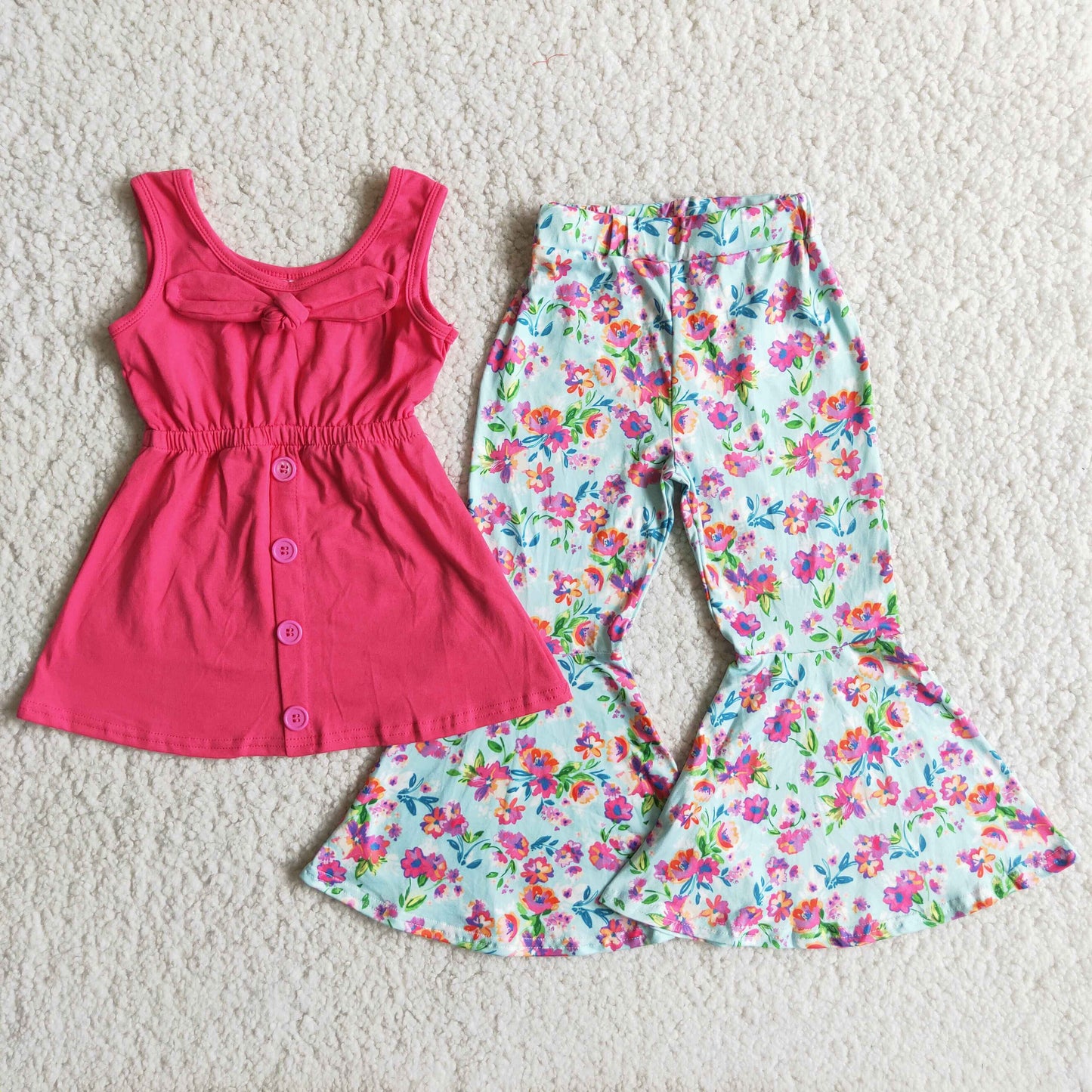 Girl Solid Bow Floral Outfit