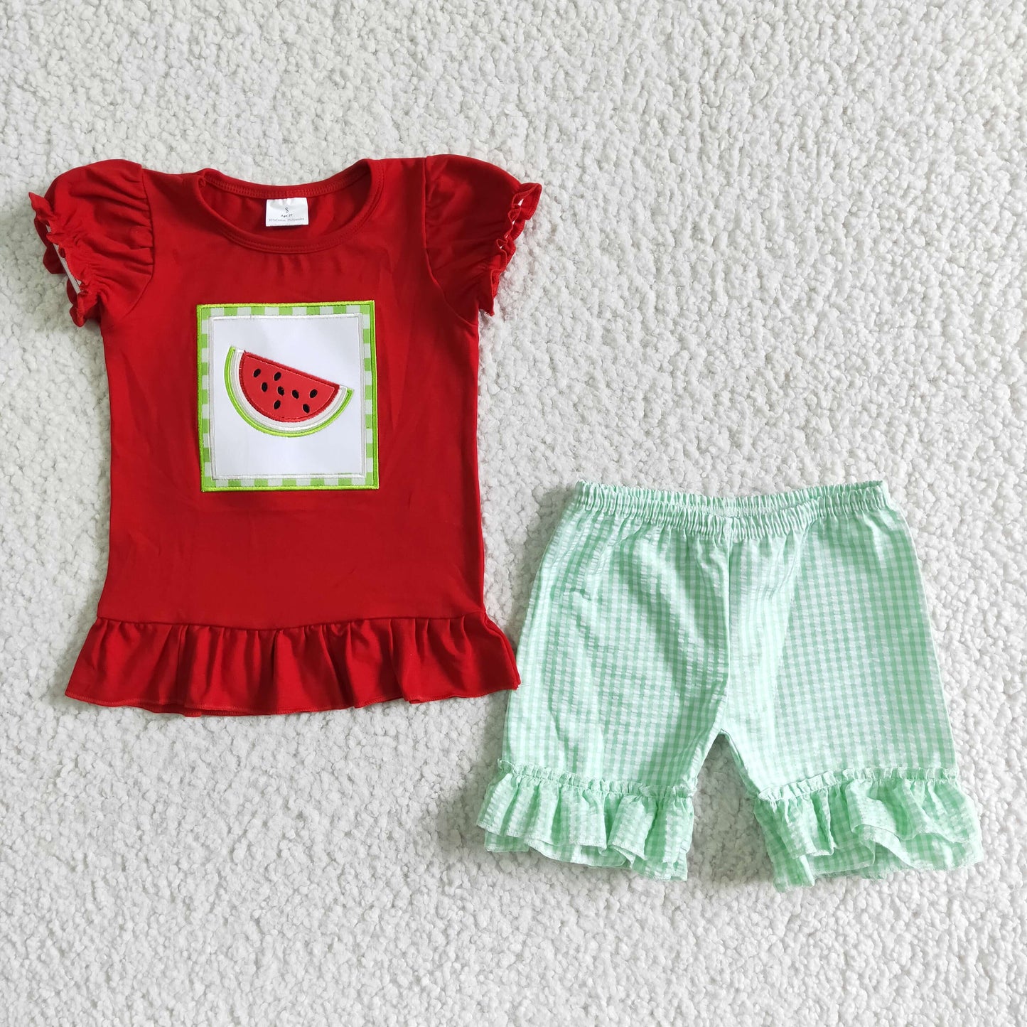 Watermelon embroidery seersucker shorts girls summer set