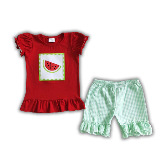 Watermelon embroidery seersucker shorts girls summer set