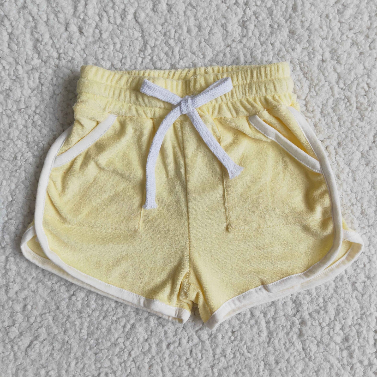 High quanlity cotton yellow towel fabric drawstring girls summer shorts