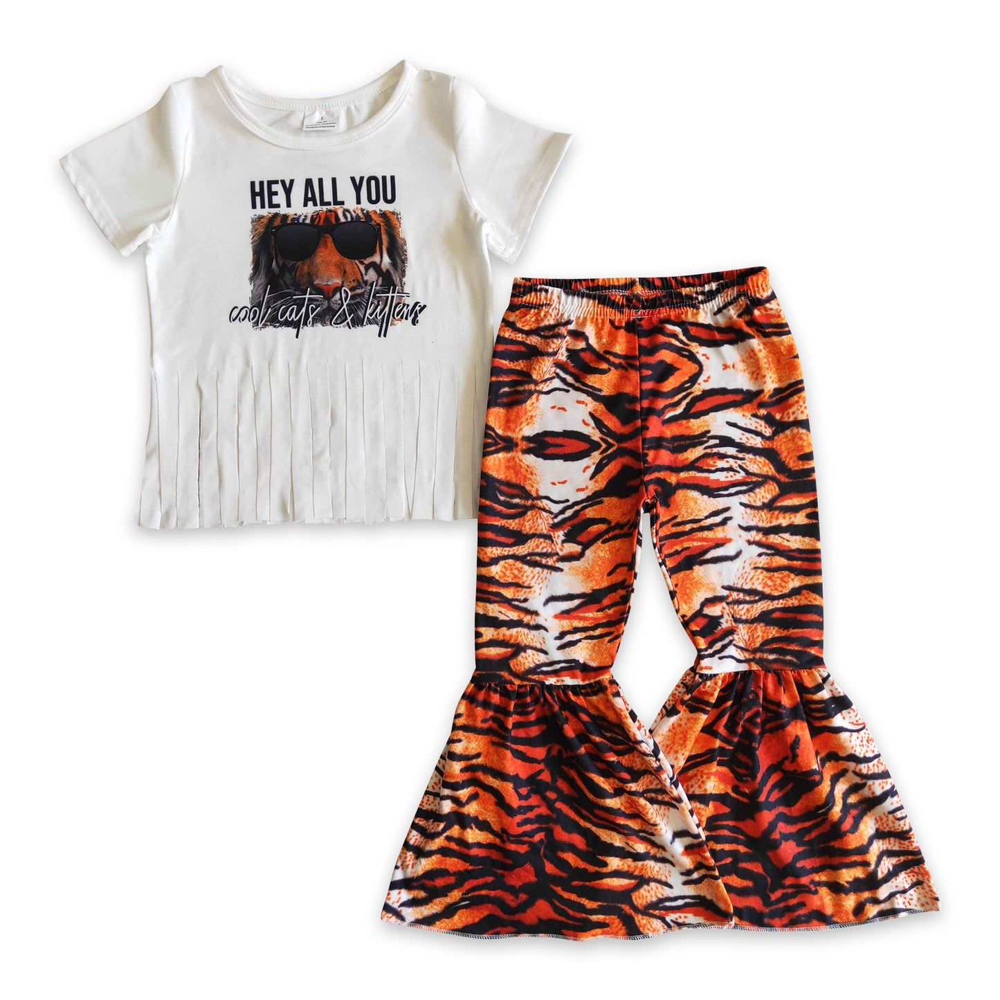 White Tiger King Fringed Bells Pants Set