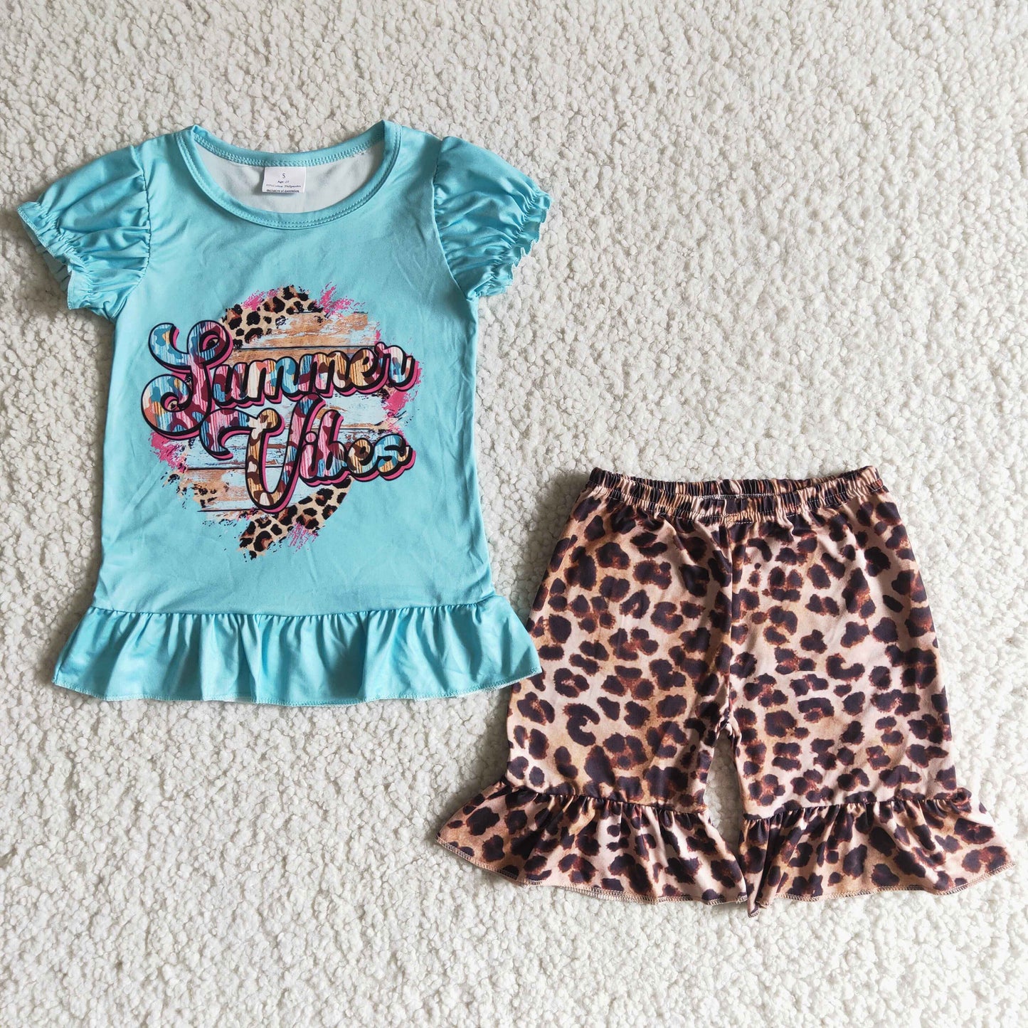 Summer vibes blue shirt leopard shorts girls boutique clothes