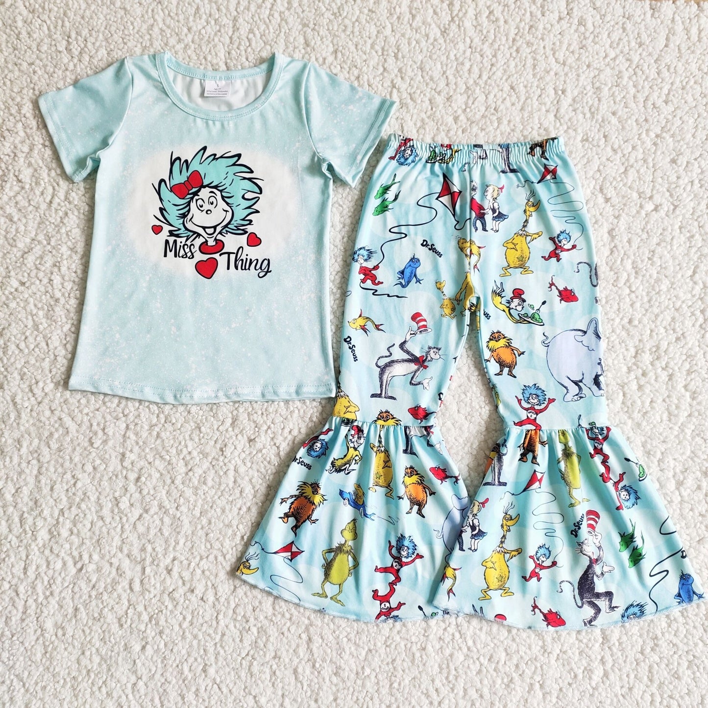 Miss thing cat shirt bell bottom pants girls clothing set