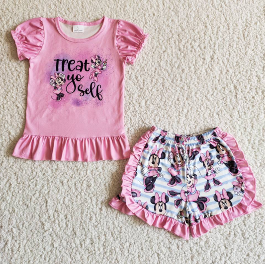 Treat yo self pink shirt mouse ruffle shorts girls summer outfits