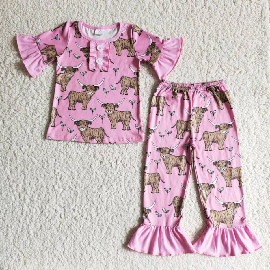 Ruffle short sleeve cow print baby girls pajamas