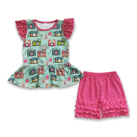 Camera print peplum shorts girls clothing set