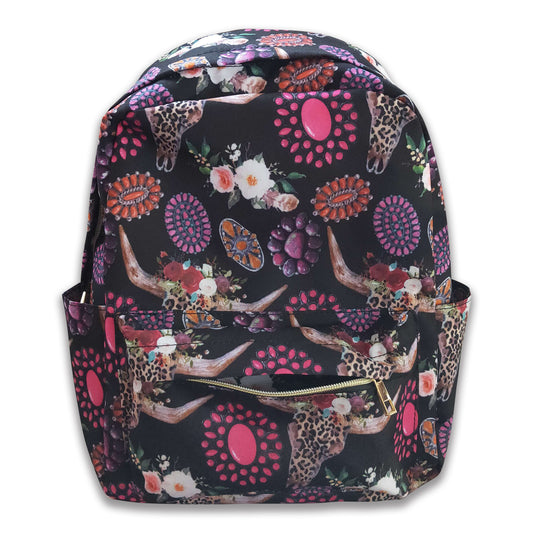 Leopard bull skull western backpack kids girls back to school bags