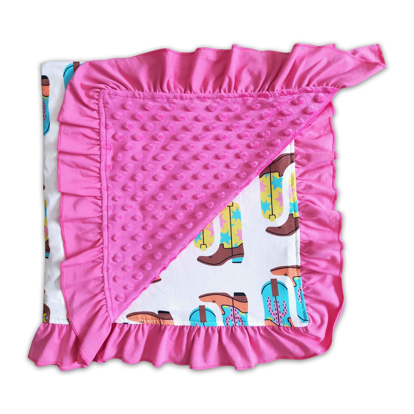 Boots print hot pink minky baby ruffle blankets