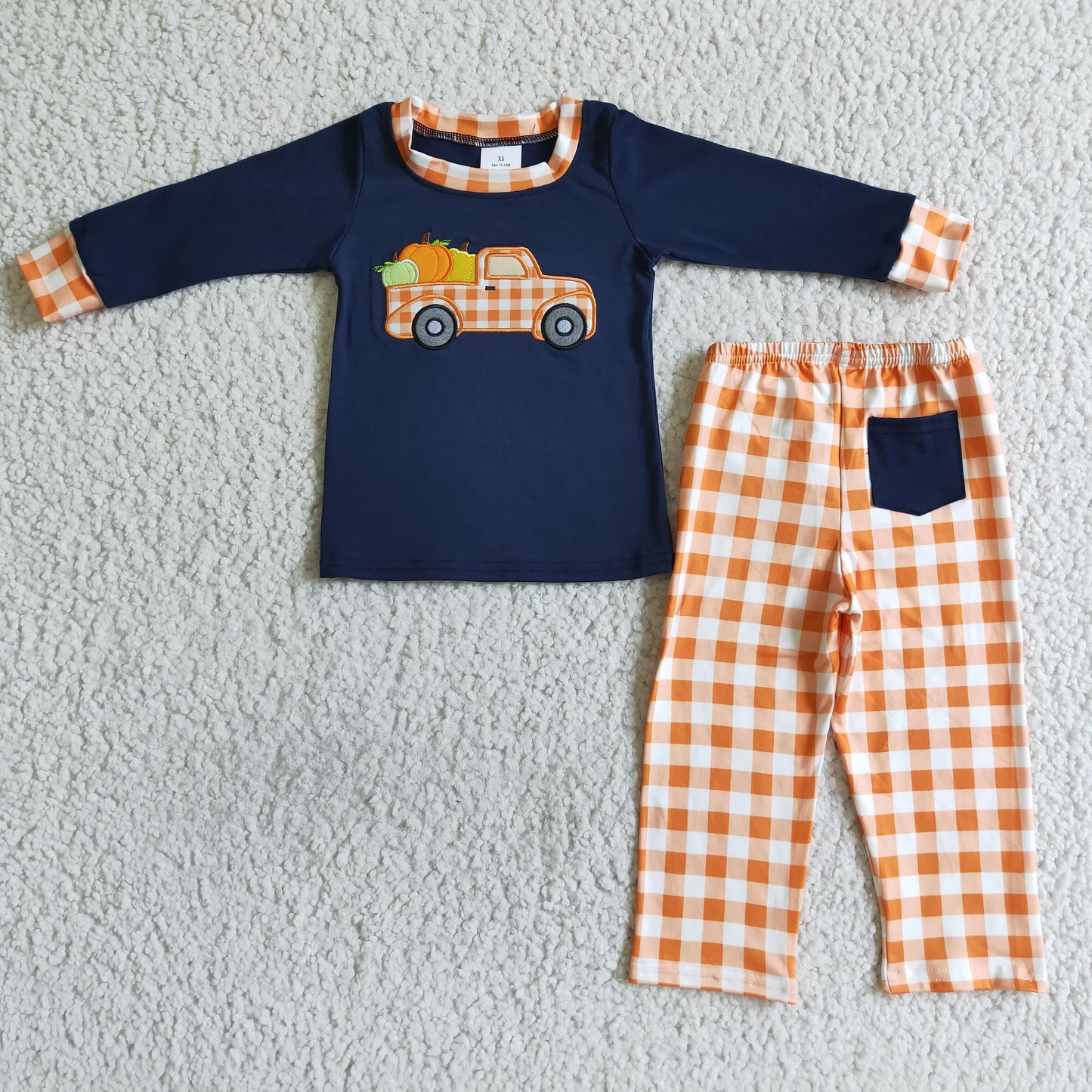 Pumpkin truck embroidery shirt plaid pants boy fall clothes