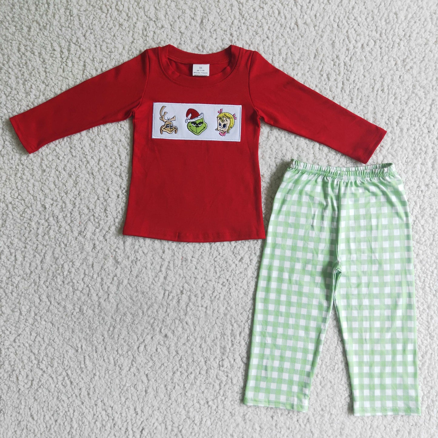 Green face embroidery top match pants boy Christmas clothes